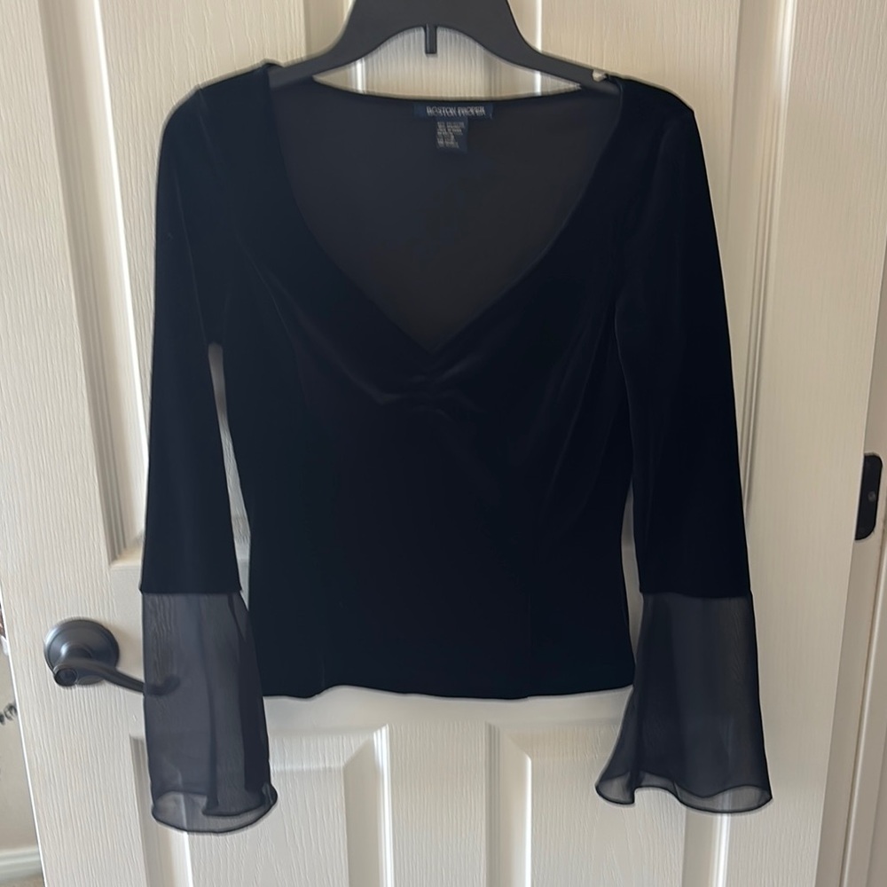 Boston proper Black Sheer Sleeve velvet Top